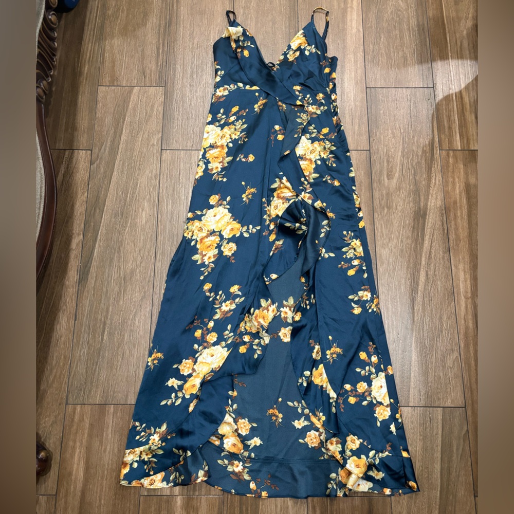 Vici Satin Floral Ruffle Maxi Dress